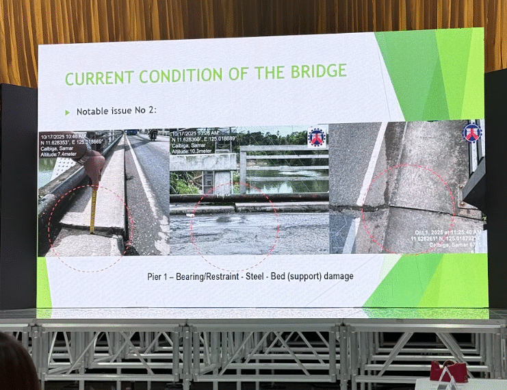 The DPWH 2nd DEO highlights the notable issues of the Calbiga Bridge. (Photo by PIA Samar)